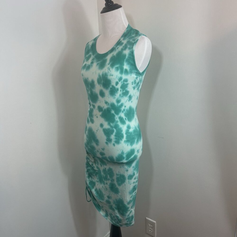 Monrow Dress S Pool Ripple Shirred Side Crew Neck T-ShirtIn Tie-Dye Teal Blue